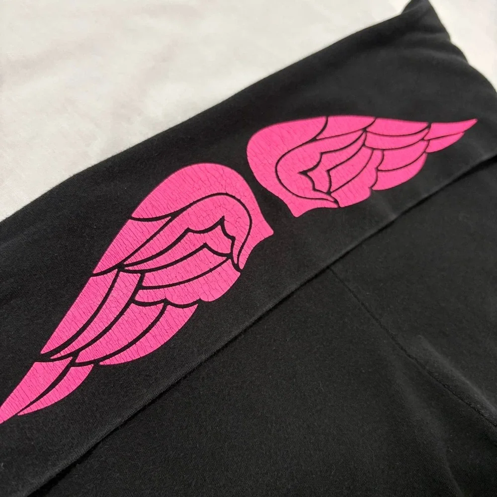 Victoria's Secret black pink angel wing fold over flare yoga pants size M Y2K